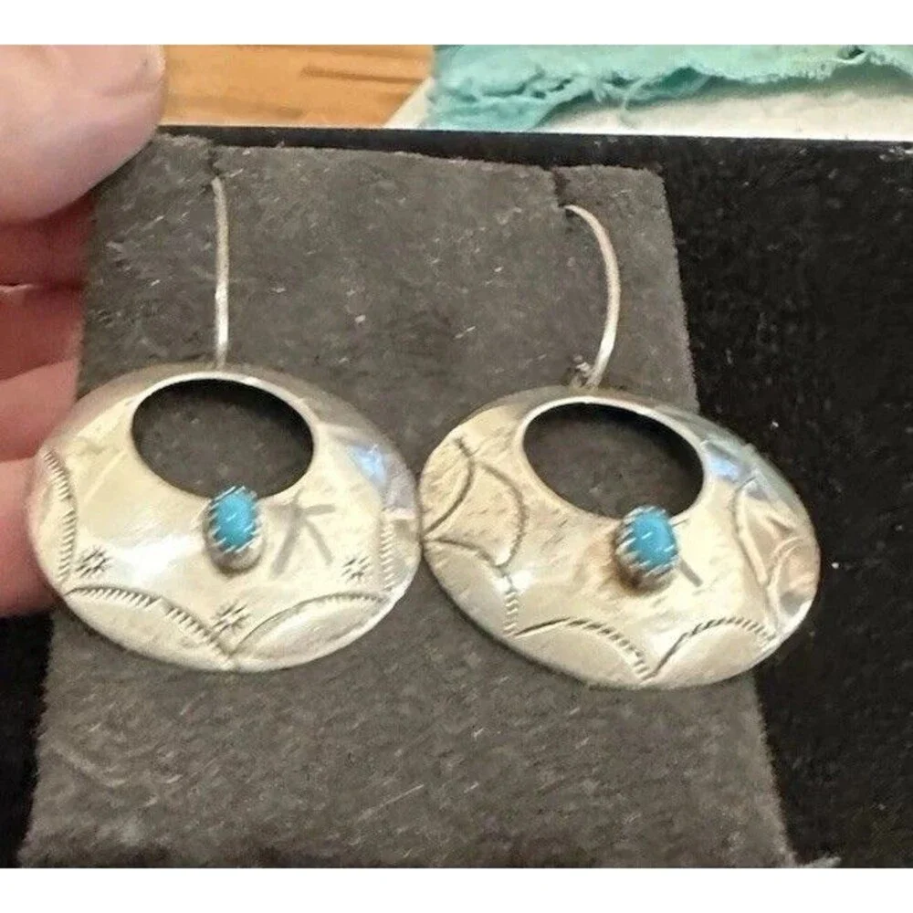 Vintage Southwest Hand Stamped Sterling Silver Concho Turquoise Earrings
